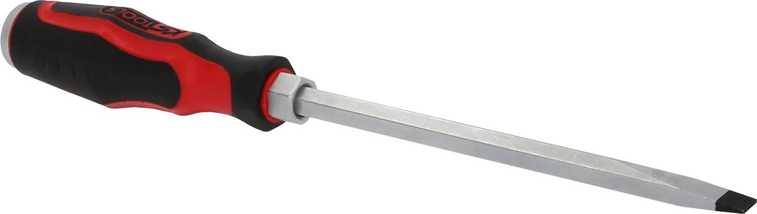 Ein Schraubenzieher mit rotem und schwarzem Griff, geeignet für verschiedene Reparaturarbeiten und Montagen.