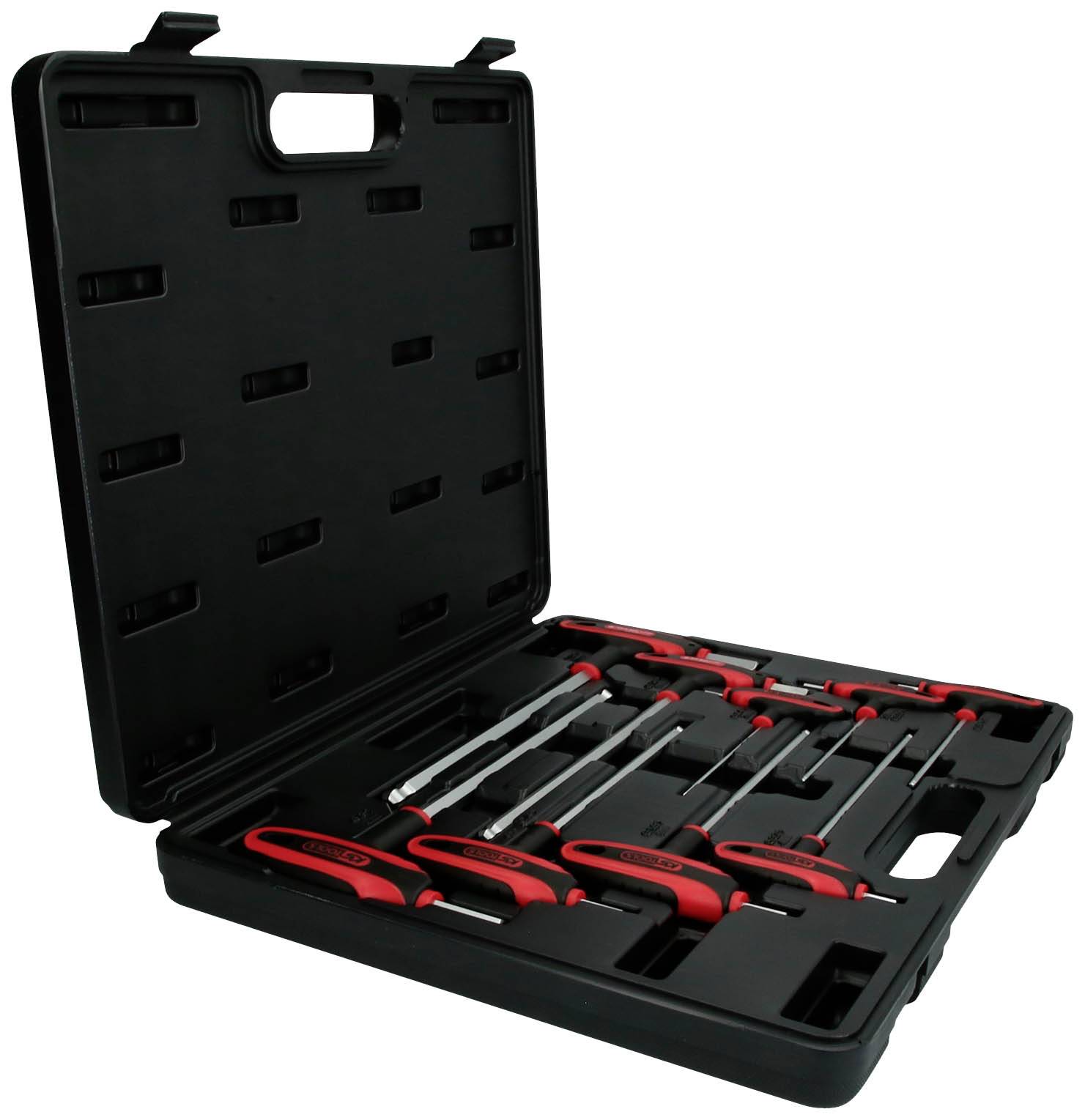 Ein offener Werkzeugkoffer mit verschiedenen Schraubendrehern in einem geformten Einsatz. Die Griffe sind rot und schwarz.