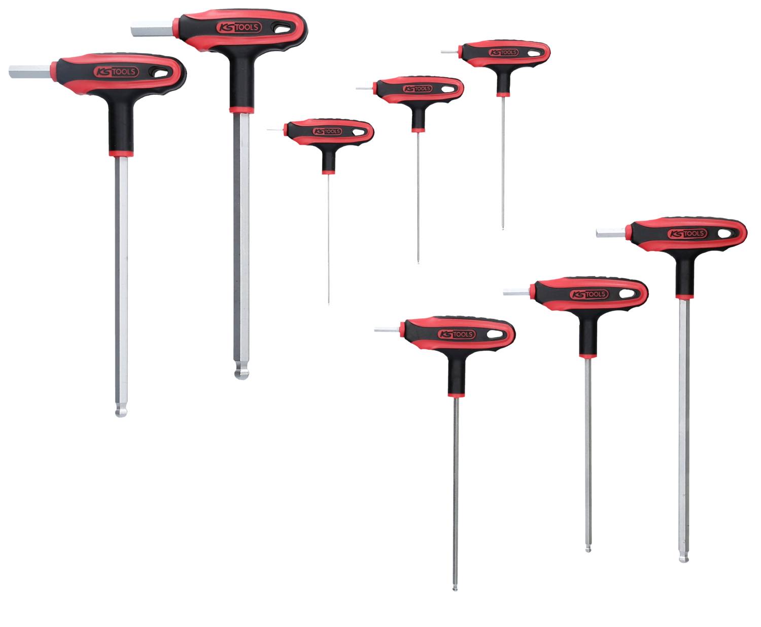 Acht Sechskantschlüssel in verschiedenen Größen mit T-Griffen, schwarz-rot, auf weißem Hintergrund. Ideal für präzises Schrauben.