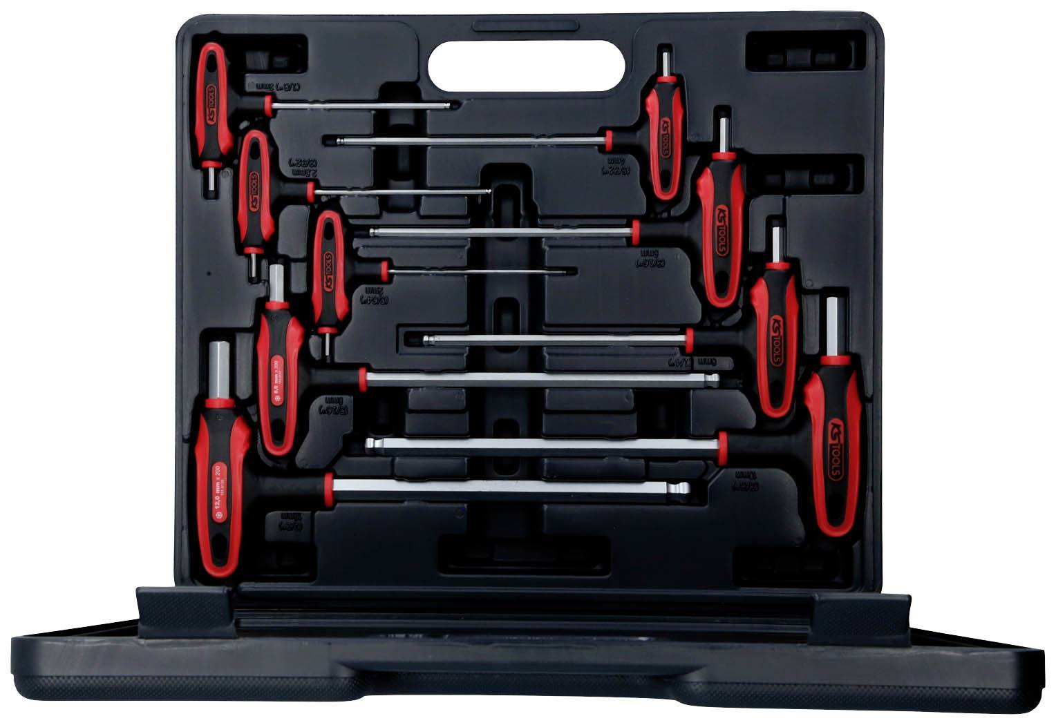 Ein offener Werkzeugkasten zeigt ein Set verschiedener Schraubendreher mit roten Griffen.