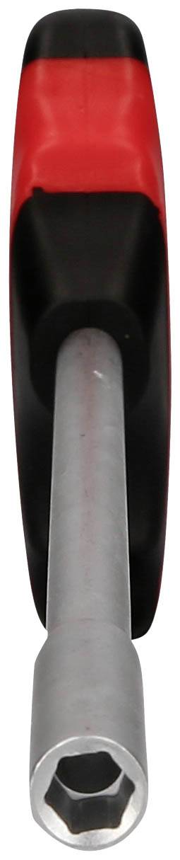 Ein Steckschlüsselschraubendreher in Schwarz und Rot, frontal abgebildet, mit einem sechskantigen Schaft. Geeignet für handwerkliche Arbeiten.