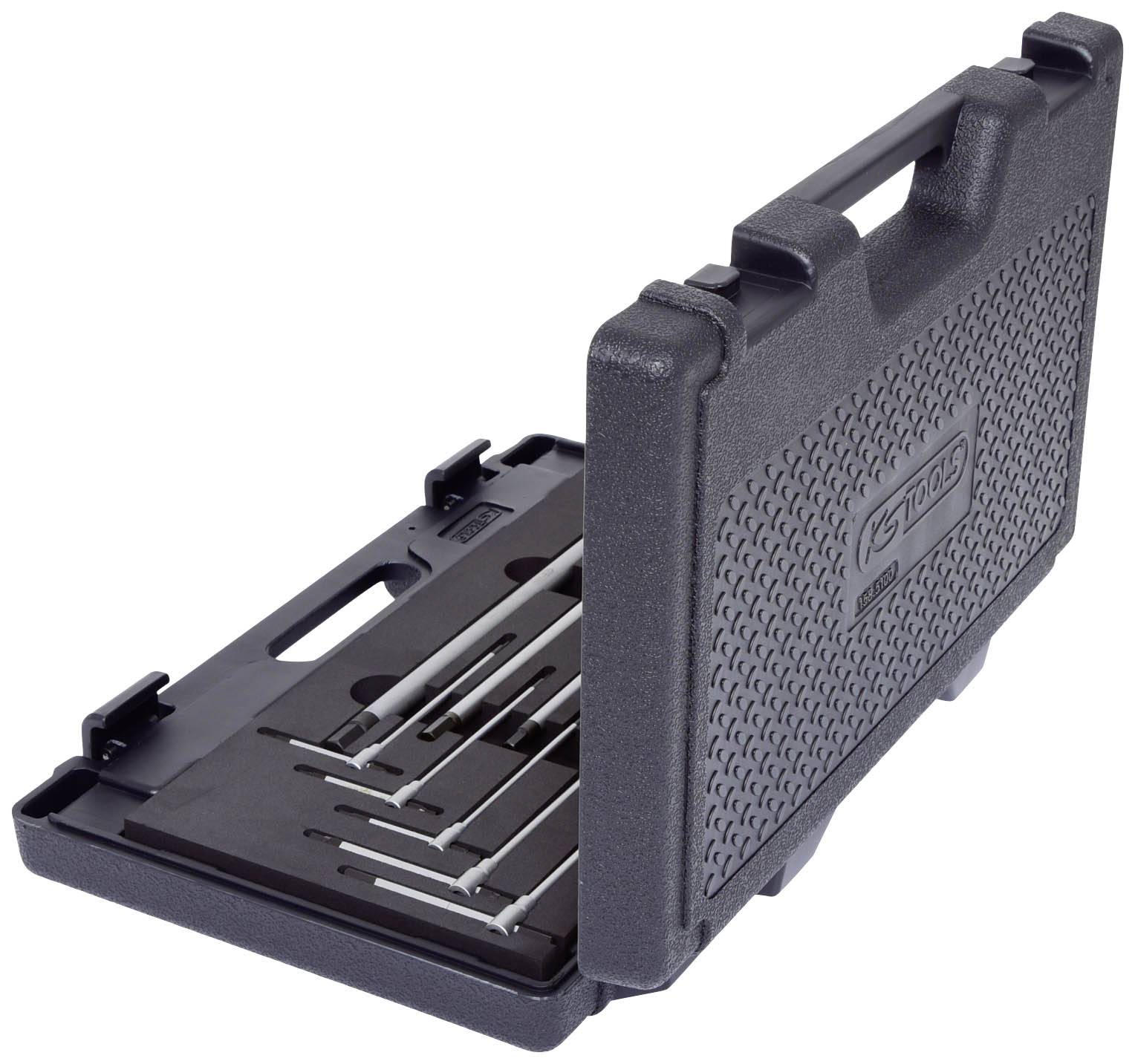 Ein offener Kunststoffkoffer mit mehreren Innensechskantschlüsseln in verschiedenen Größen, angeordnet in Schaumstoffeinlagen.