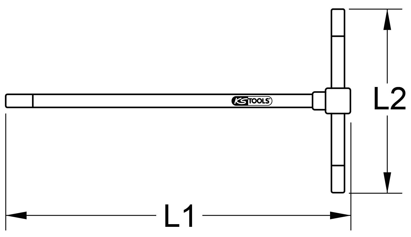 'T-Schlüssel mit Schraubendrehereinsatz, lange Achse (L1) und querstehender Griff (L2), geeignet zum Anziehen und Lösen von Schrauben.'