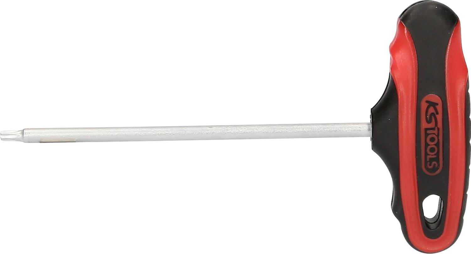 T-Schraubendreher mit rotem und schwarzem Griff und langem Metallschaft, seitlich liegend.