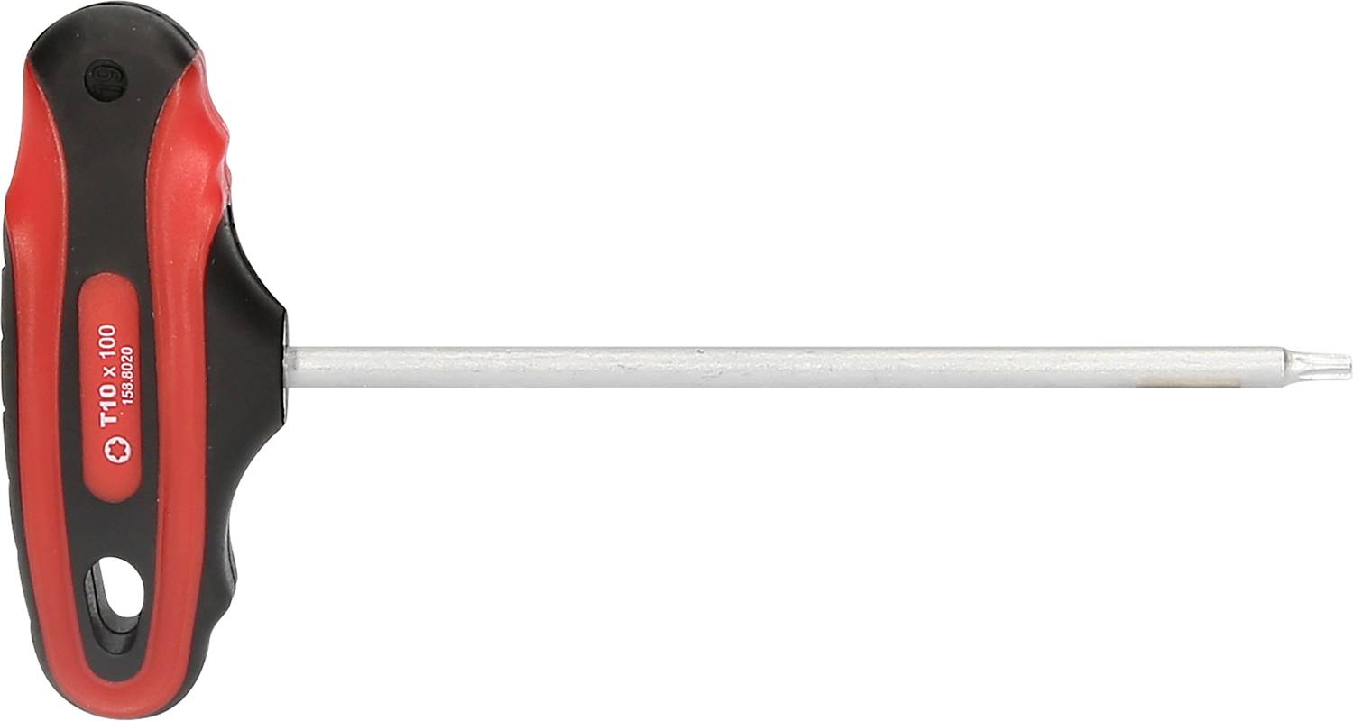 T-Griff-Schraubendreher mit rotem und schwarzem Griff und langer Metallklinge, geeignet für Torx-Schrauben.