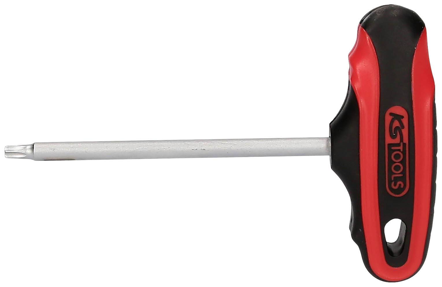 Ein T-Griff-Schraubendreher mit rotem und schwarzem Griff, geeignet für Torx-Schrauben.