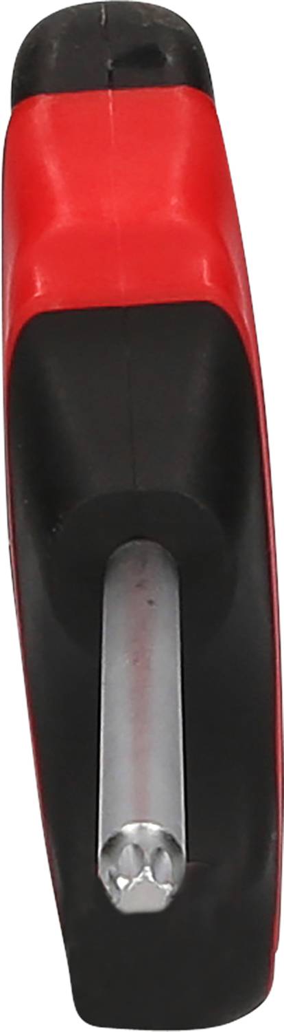 Ein roter und schwarzer Spitzer mit einer Stahlklinge, frontal betrachtet. Ideal zum Spitzen von Bleistiften.