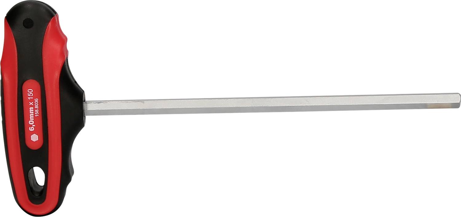 Ein L-förmiger Schraubendreher mit rotem und schwarzem Griff, geeignet für sechskantige Schrauben, zeigt seine lange Metallstange.