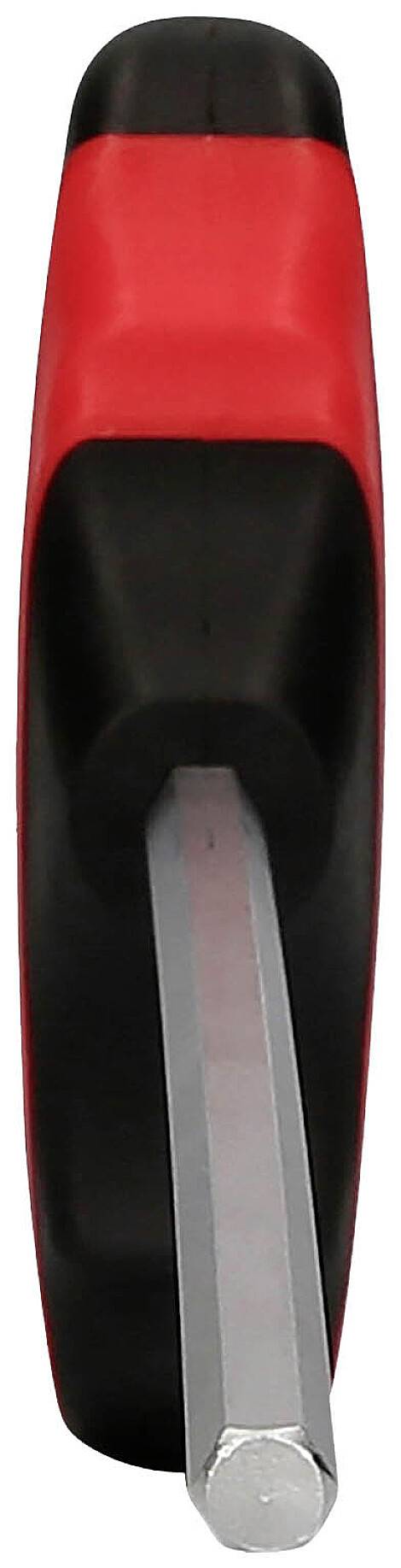 Ein roter und schwarzer Schraubendreher mit einem sechskantigen Metallstab, der aus einem Griff mit ergonomischer Form herausragt.