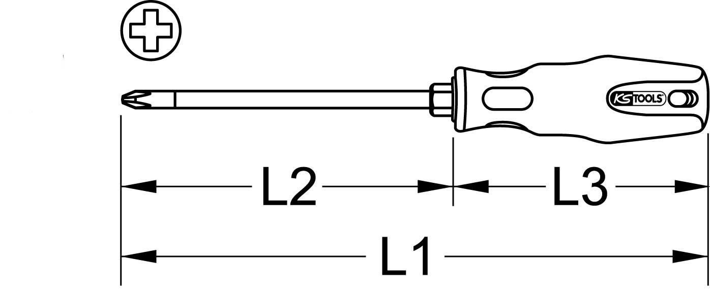 Schraubendreher mit Kreuzschlitz (Pozidriv), dargestellt mit Maßen L1, L2, L3. Werkzeugname 'KS Tools' auf dem Griff.