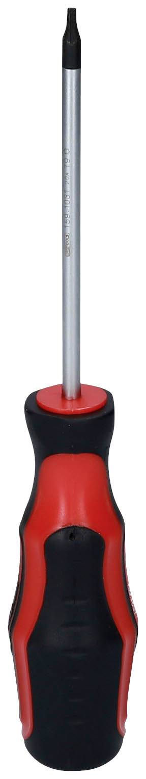 Ein Kreuzschlitzschraubendreher mit rotem und schwarzem Griff auf weißem Hintergrund.