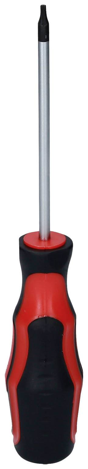 Ein rot-schwarzer Schraubendreher mit langem Metallschaft und ergonomischem Griff, geeignet für allgemeine Heimwerkerarbeiten.