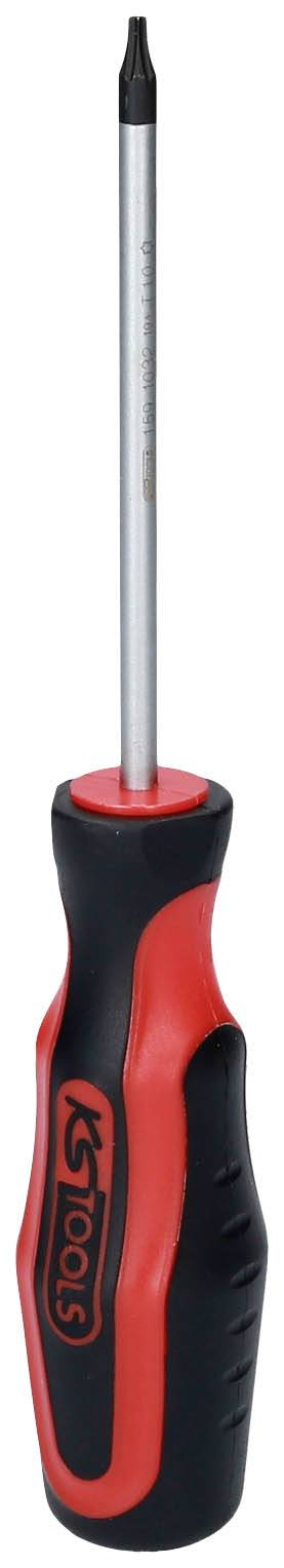 Roter und schwarzer Schraubendreher mit ergonomischem Griff und Metallspitze zum Eindrehen von kleinen Schrauben.