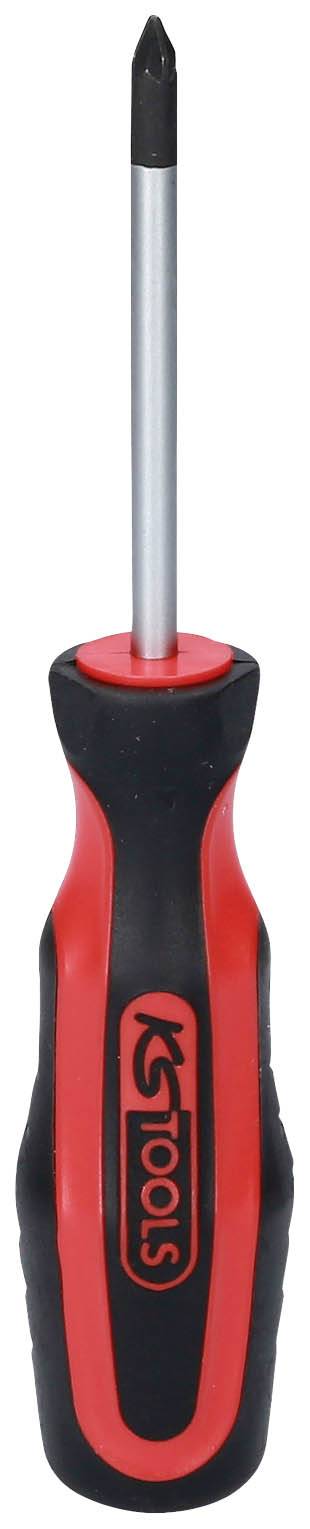 Ein schwarz-roter Kreuzschlitzschraubendreher mit ergonomischem Griff.