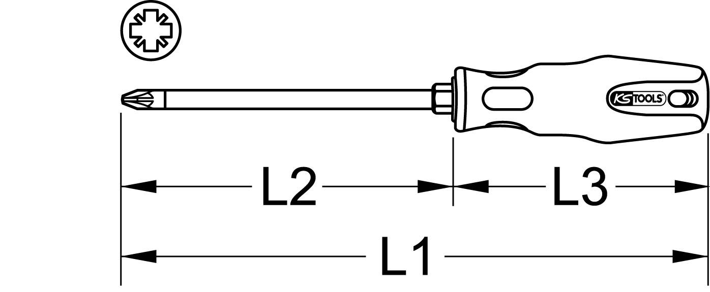 'Schraubendreher mit Kreuzschlitzspitze; Maße: L1, L2, L3; Marke: KS Tools.'