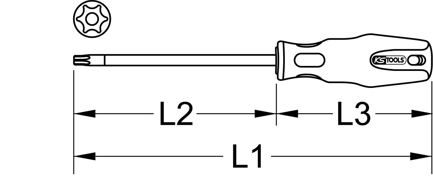 'Zeichnung eines Schraubenziehers mit Abmessungen: L1, L2, L3. Griff von KS Tools markiert, geeignet für Torx-Schrauben.'