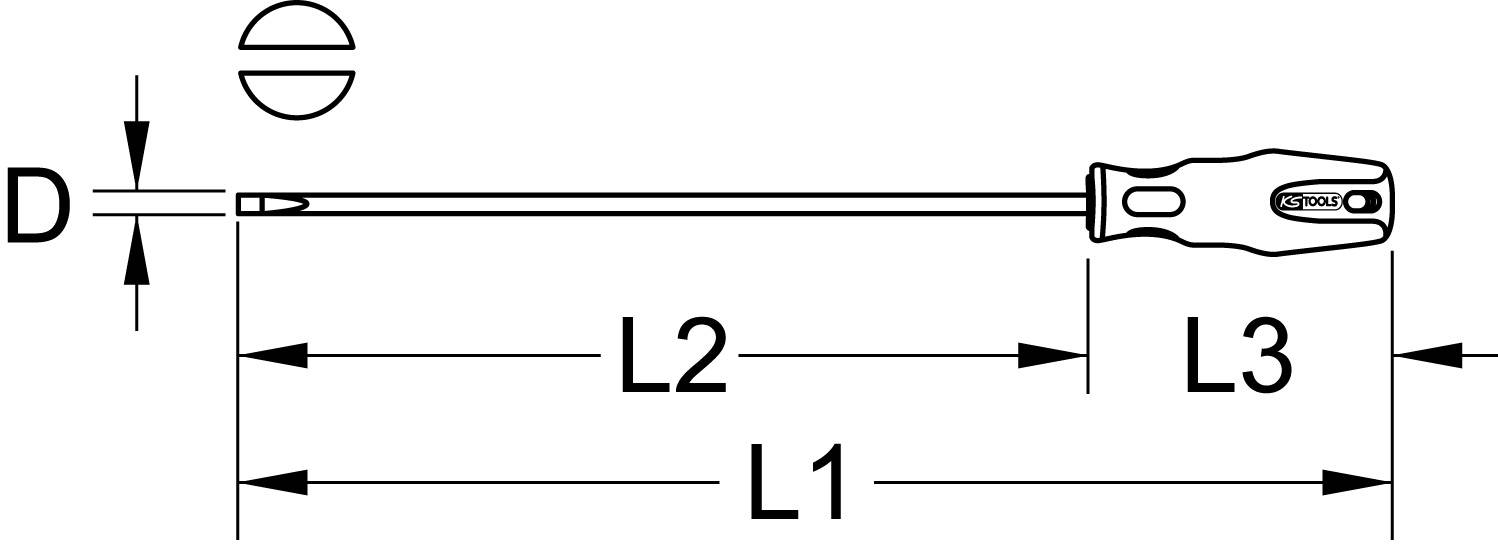 'Abbildung eines Schlitzschraubendrehers mit Maßen: Kopfbreite D und Längen L1, L2, L3. Schraubensymbol zeigt passende Schraubengröße.'