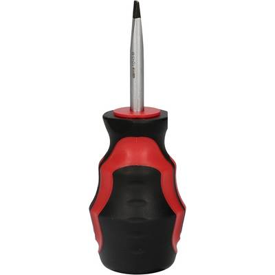 Ein schwarzer und roter Schraubendreher mit ergonomischem Griff und Kreuzschlitzspitze auf weißem Hintergrund.