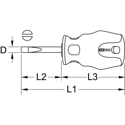 Diagramm eines Schlitzschraubendrehers mit Maßen: D für Durchmesser der Klinge, L1, L2, L3 für Längenabschnitte.