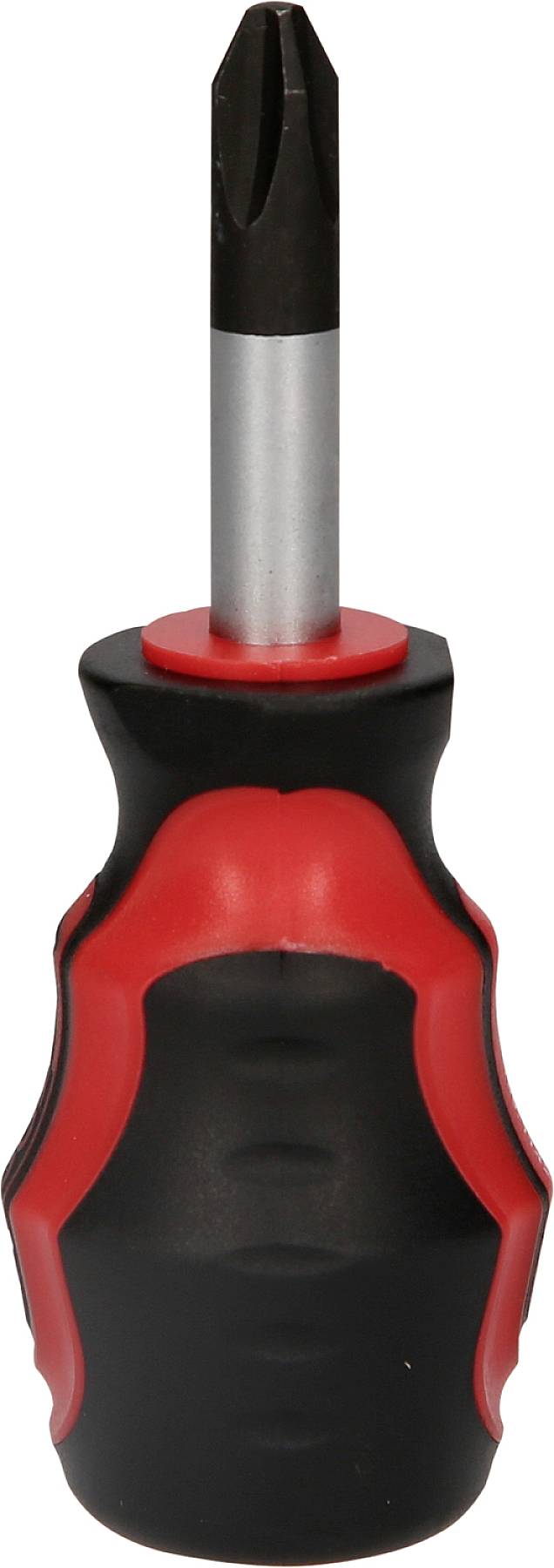 Ein schwarzer und roter Schraubendreher mit einem kurzen Griff und einem Kreuzschlitzkopf vor einem weißen Hintergrund.