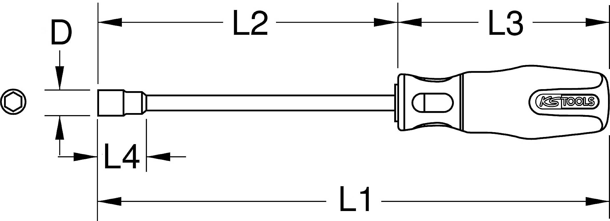 Technische Zeichnung eines Schraubendrehers mit Abmessungen. Markiert sind Gesamtlänge L1, Schaftlänge L2, Griffbreite L3, und Kopfgröße D.