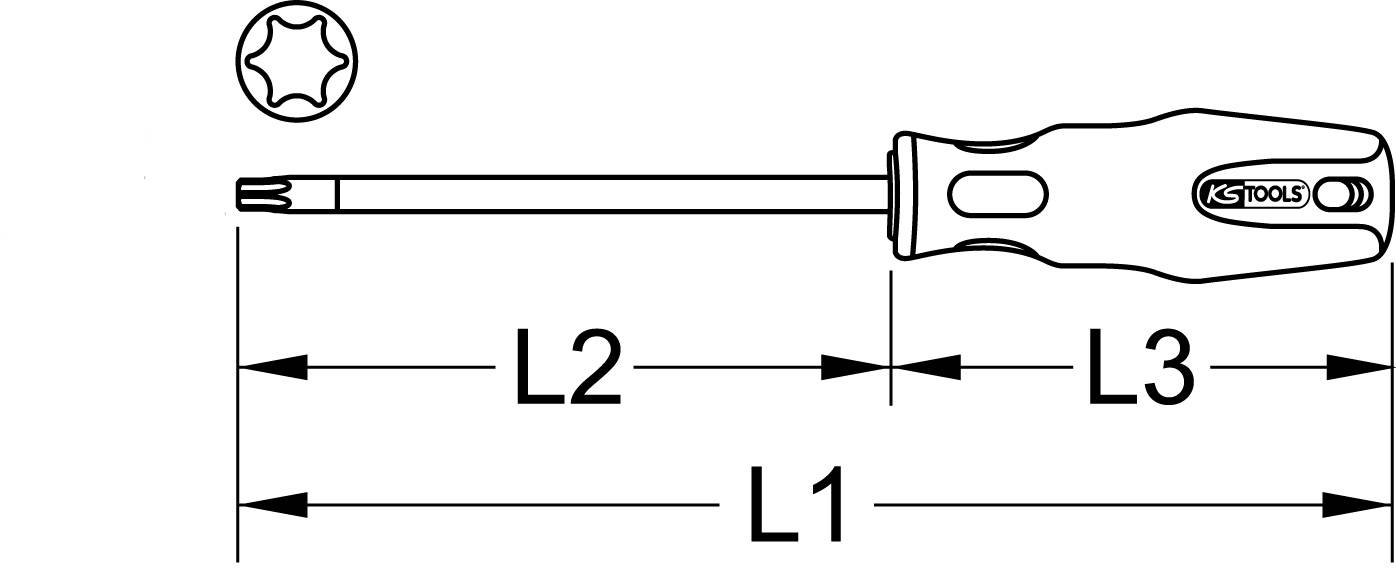 Abbildung eines Schraubendrehers mit T8-Innenprofil. Gezeigt werden Griff, Schaft und Messlängen L1, L2, L3. Aufschrift: 'KS Tools'.