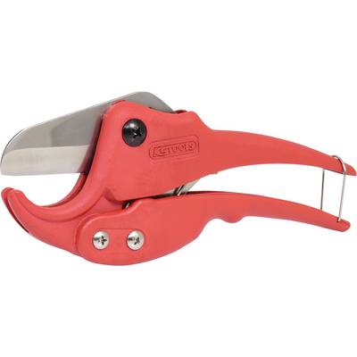 Eine rote Rohrschere mit einem Metallklinge, geeignet zum präzisen Schneiden von Kunststoffrohren.