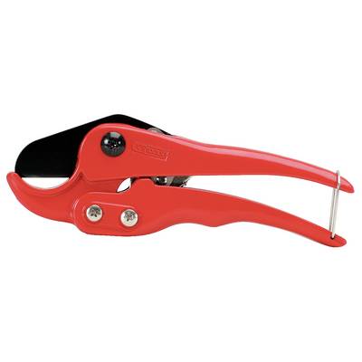 Rote Rohrschere aus Metall mit schwarzer Schneide. Geeignet zum Schneiden von Kunststoffrohren.