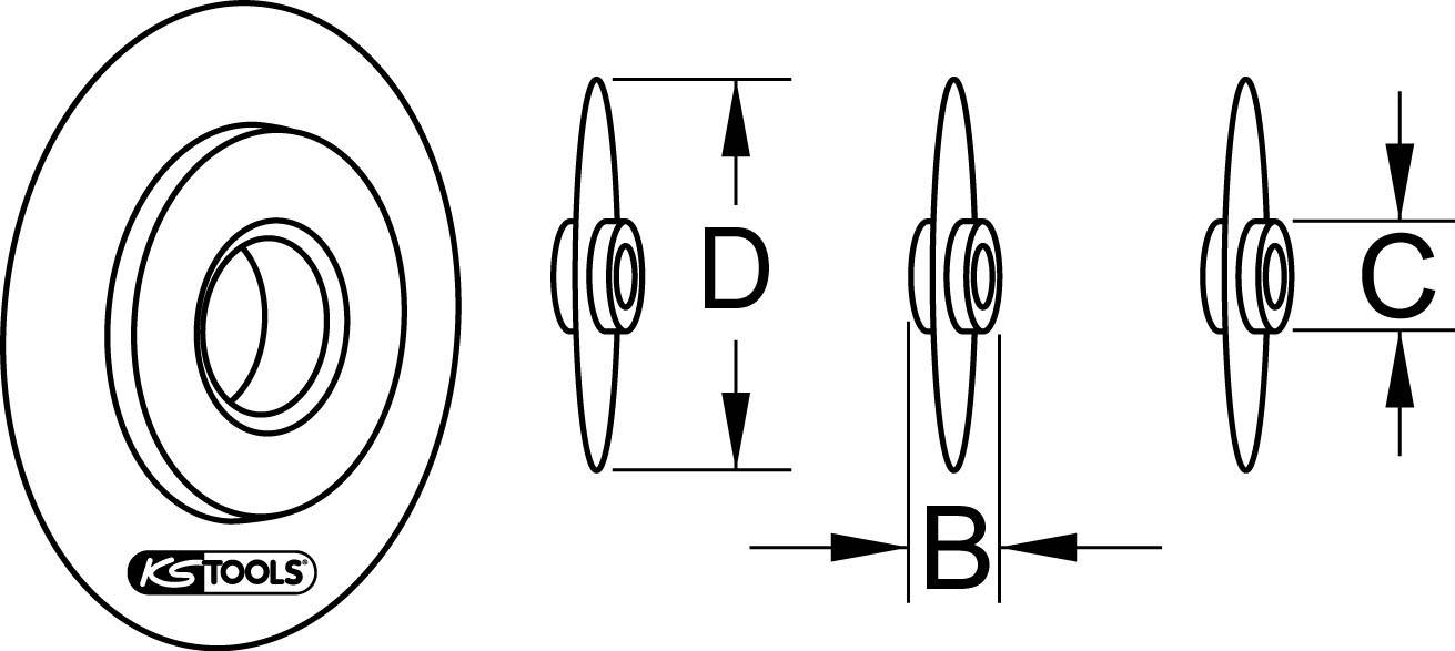 'KS Tools'-Werkzeugskizze zeigt ein Bauteil mit drei Ansichten, um Durchmesser (D), Breite (B) und Dicke (C) zu veranschaulichen.