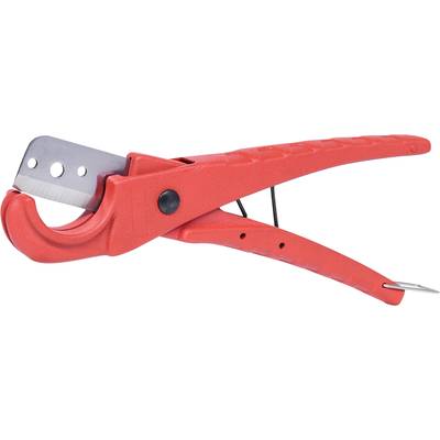 Rote Rohrschere mit gebogener Klinge und schwarzem Griffknopf, verwendet zum Schneiden von Kunststoff- und Gummirohren.