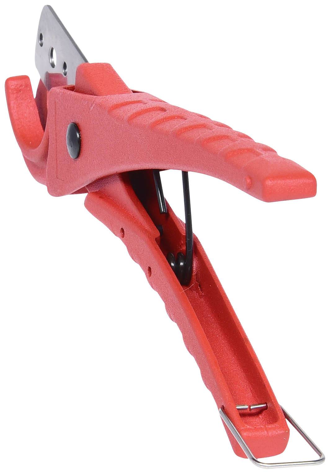 Ein roter, verstellbarer Kunststoff-Haltegriff mit Metallklammer, vermutlich ein Werkzeug für verschiedene Anwendungen.
