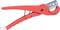 Rote Rohrschere für das Schneiden von Kunststoffrohren, mit ergonomischem Griff und Stahlklinge, auf weißem Hintergrund.