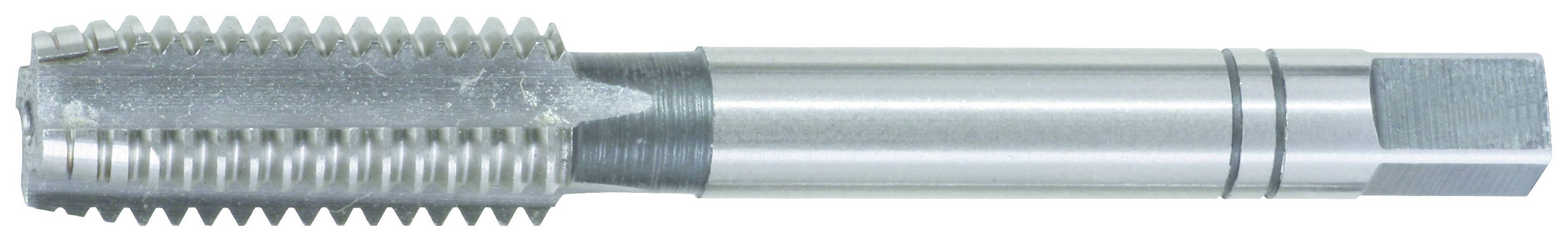 Ein silbernes Gewindewerkzeug mit Schneidspitzen zum Bearbeiten von Metalloberflächen.