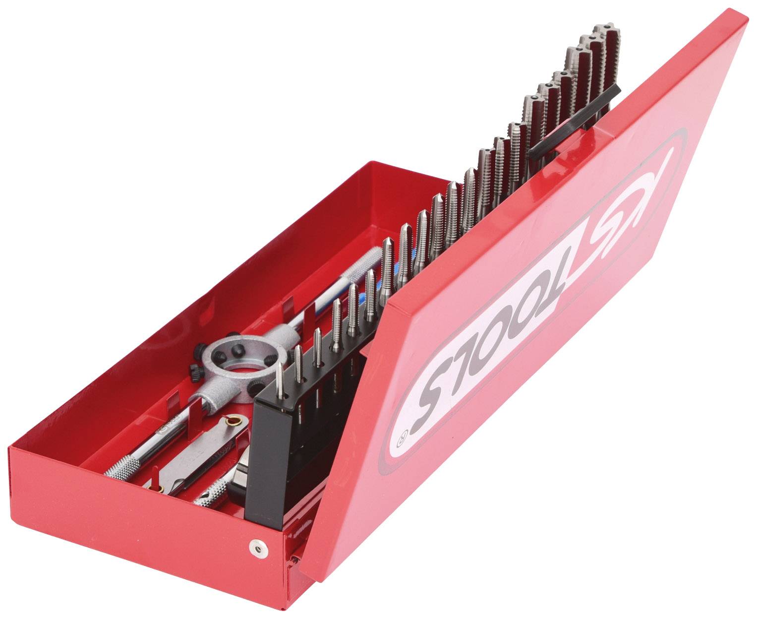 Roter Werkzeugkasten mit offenen Deckel, enthält verschiedene Gewindeschneider, Spiralen und Werkzeuge; Markenlogo sichtbar.