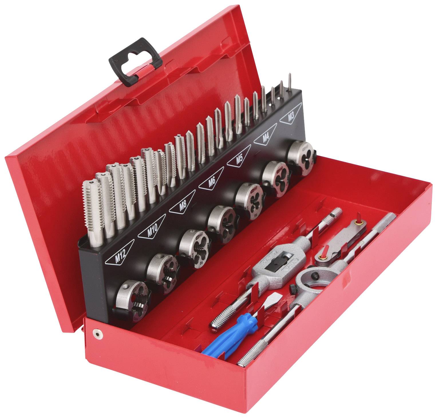 Ein roter Kasten mit einem Gewindeschneidsatz, bestehend aus verschiedenen Gewindebohrern und Schneideisen, ordentlich sortiert.