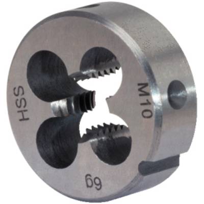 Rundes Schneideisen aus Metall mit der Gravur 'HSS', für das Gewindeschneiden von Schrauben mit der Größe M10.