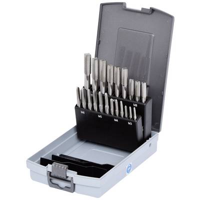 Ein geöffneter Werkzeugkasten mit einem Set von Schneidwerkzeugen, gekennzeichnet von M3 bis M8, zur Herstellung von Gewinden.