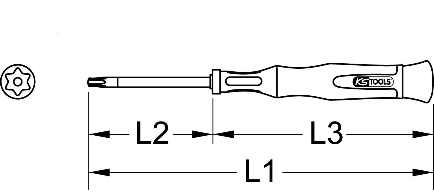 Ein Torx-Schraubendreher von KS Tools mit detaillierten Maßangaben L1, L2, und L3 auf der Grafik.