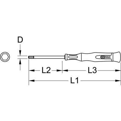 Technische Zeichnung eines Schraubendrehers mit den Maßen D, L1, L2 und L3. Der Griff zeigt das Logo 'KS TOOLS'.