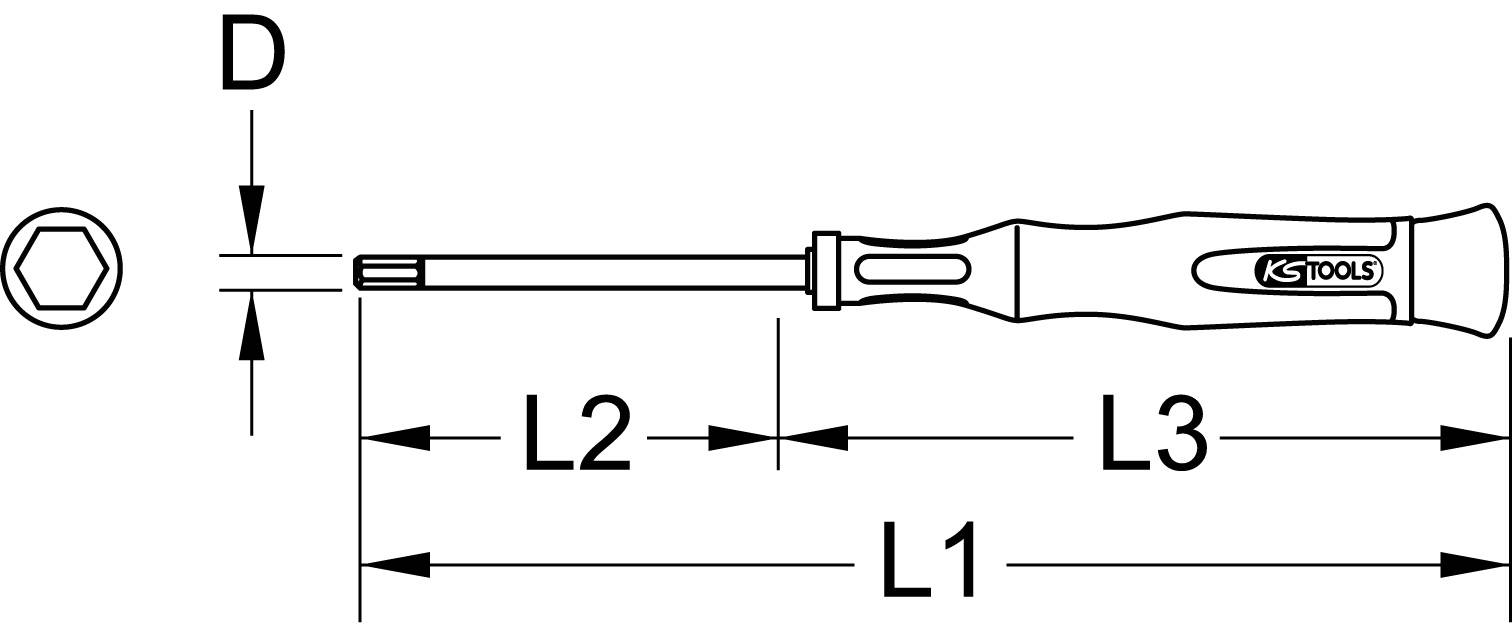 Technische Zeichnung eines Schraubendrehers mit hexagonalem Griff dargestellt. Gezeigt sind Abmessungen L1, L2, L3 und D.