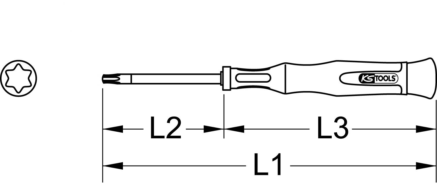 Schraubendreher mit T-Profil, Abmessungen markiert: L1, L2, L3. Links daneben die Form des Schraubenkopfs. Marke KS Tools.