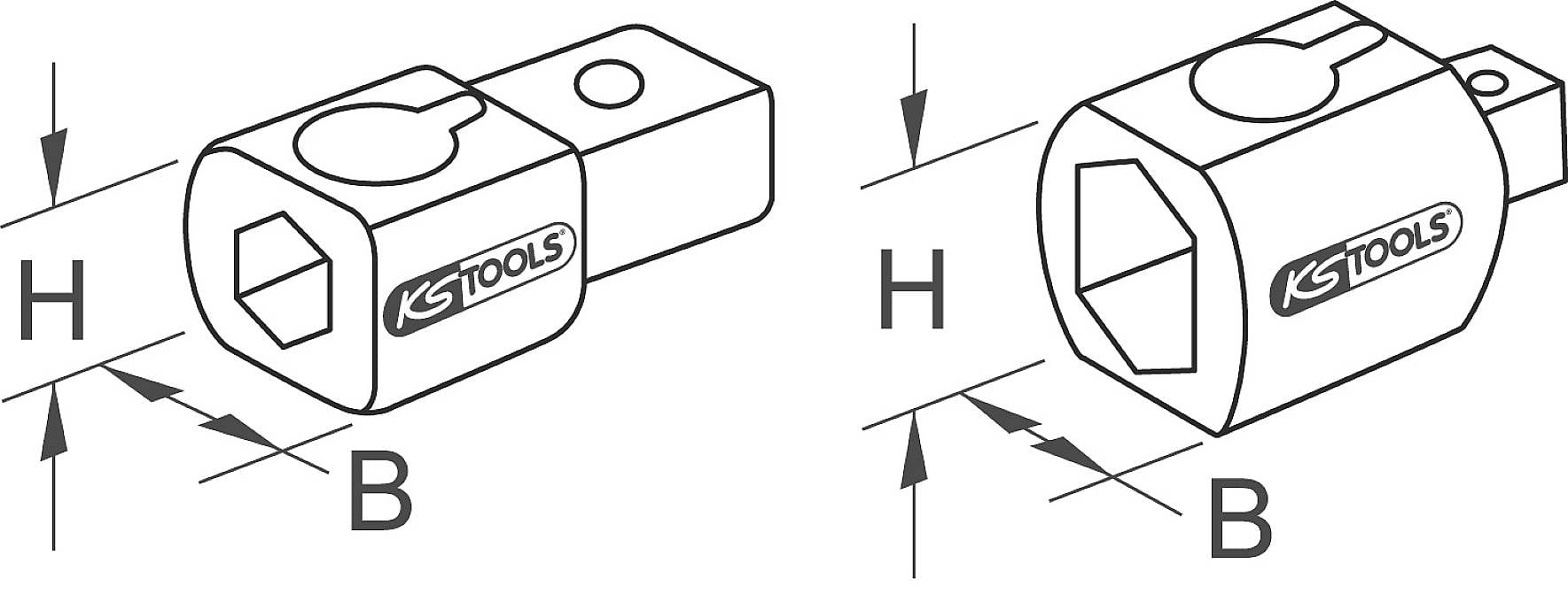 Ein Diagramm zeigt zwei Werkzeugadapter mit Maßangaben 'H' und 'B'. Beide Adapter sind ähnlich gezeichnet, aber mit unterschiedlichen Größen.