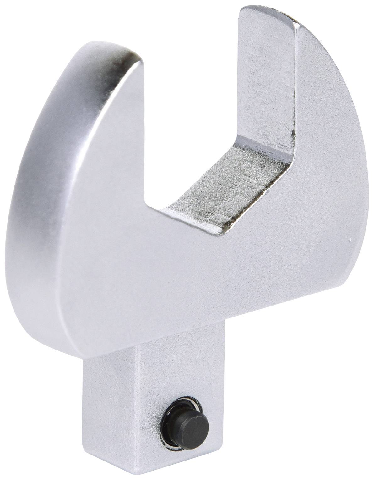 Ein silberner Metallschlüsselaufsatz in Form eines offenen Schraubenschlüssels mit rechteckigem Steckschluss und schwarzem Druckknopf.