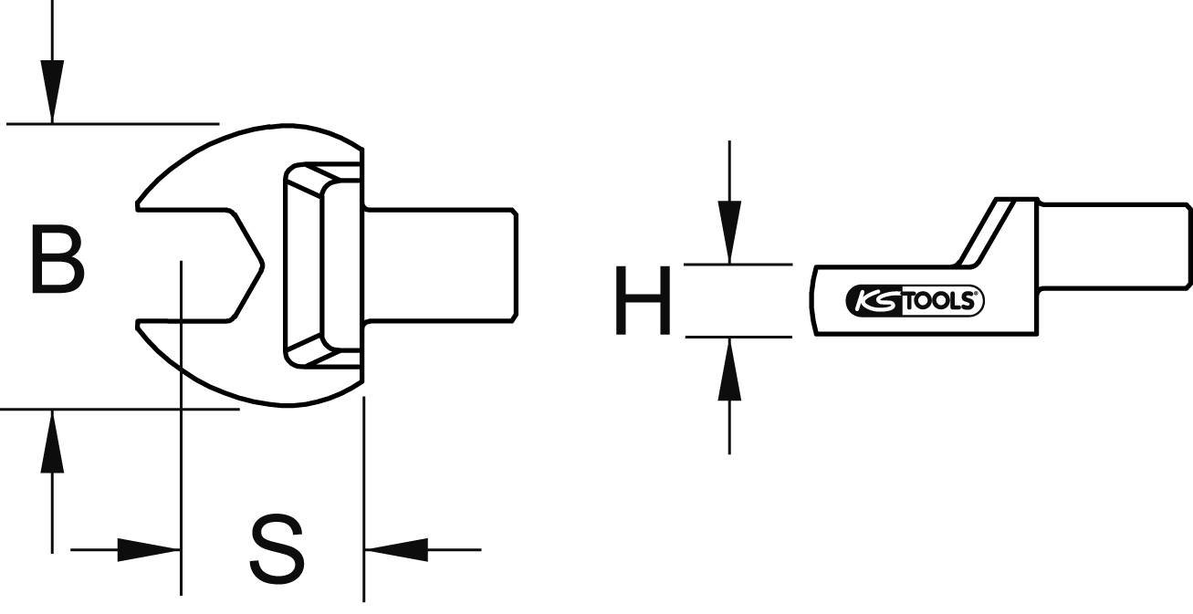 Diagramm eines Maulschlüsselkopfes mit Maße: B, S, und H. Rechts ist das Logo von KS Tools zu sehen.
