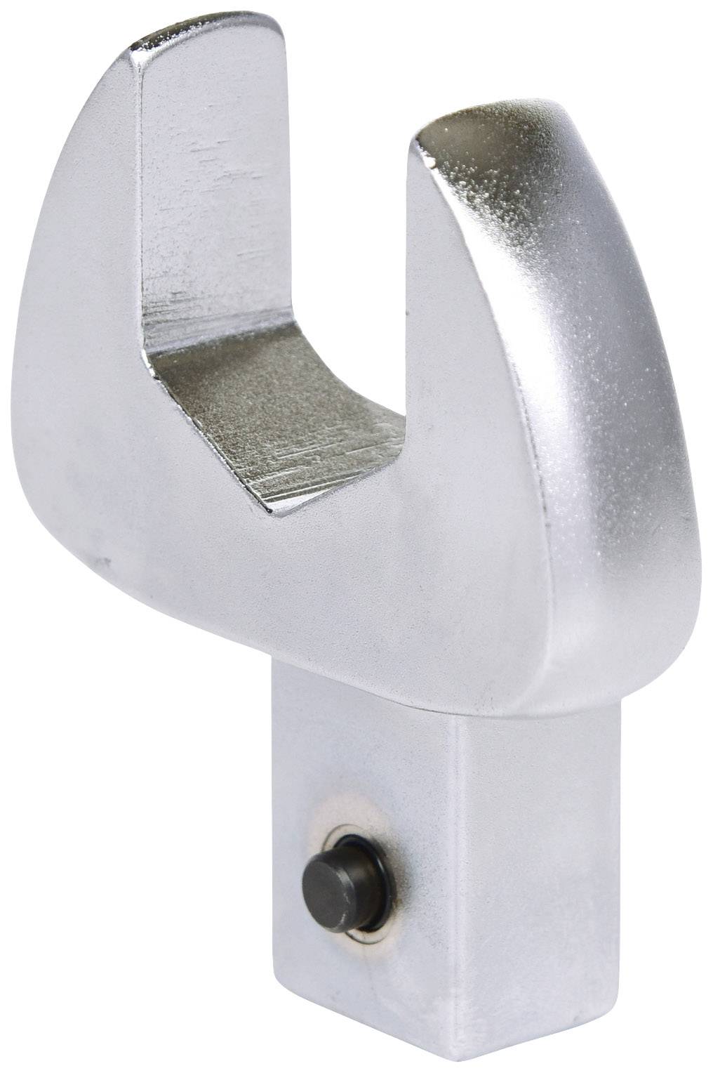 Ein silberner Metallhaken mit quadratischem Sockel und U-förmiger Öffnung, geeignet für industrielle Anwendungen oder Montagezwecke.