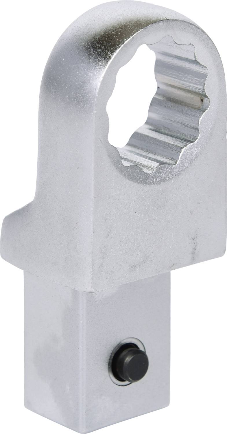 Metallisches U-förmiges Werkzeugteil mit gerippter Innenseite und kurzer quadratischer Basis, möglicherweise zur Befestigung.