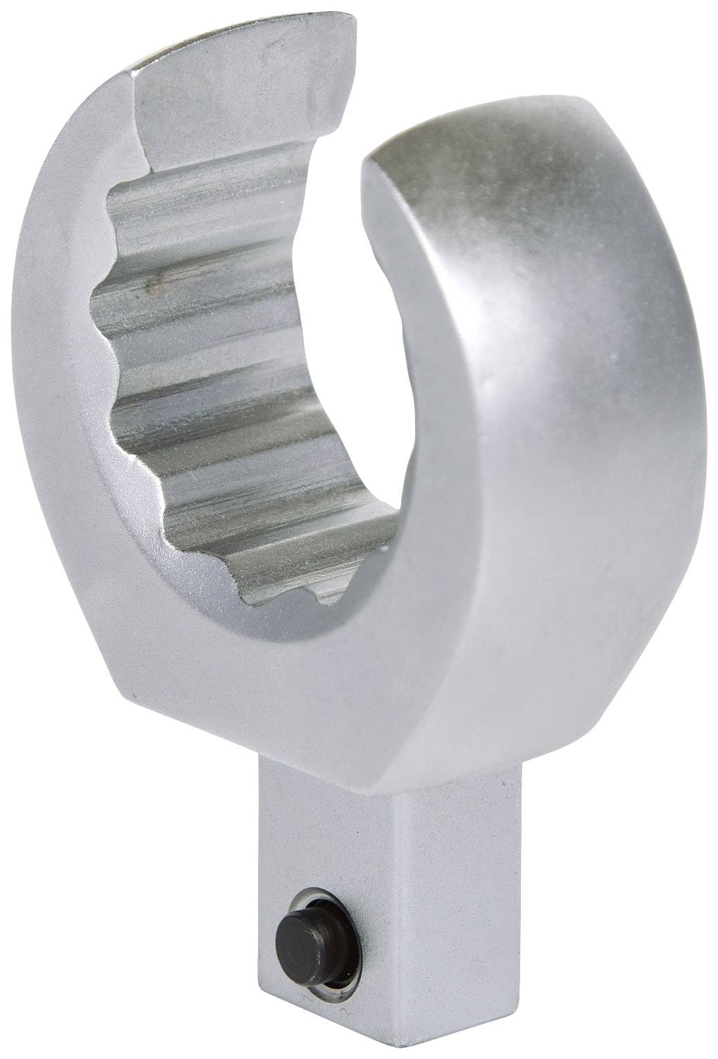 Metallverbindungsstück in U-Form mit inneren geriffelten Kanten und einem quadratischen Sockel. Verwendet für Befestigungszwecke.