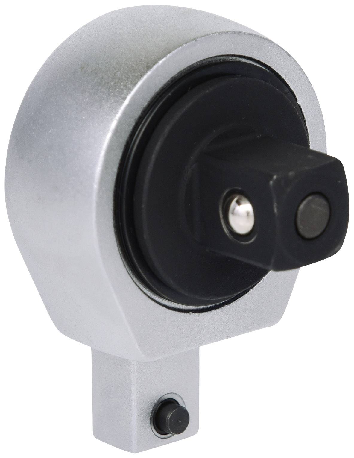 Einzelnes silber-schwarzes mechanisches Gerät mit Drehfunktion, möglicherweise ein Drehmomentschlüsselaufsatz, auf weißem Hintergrund.