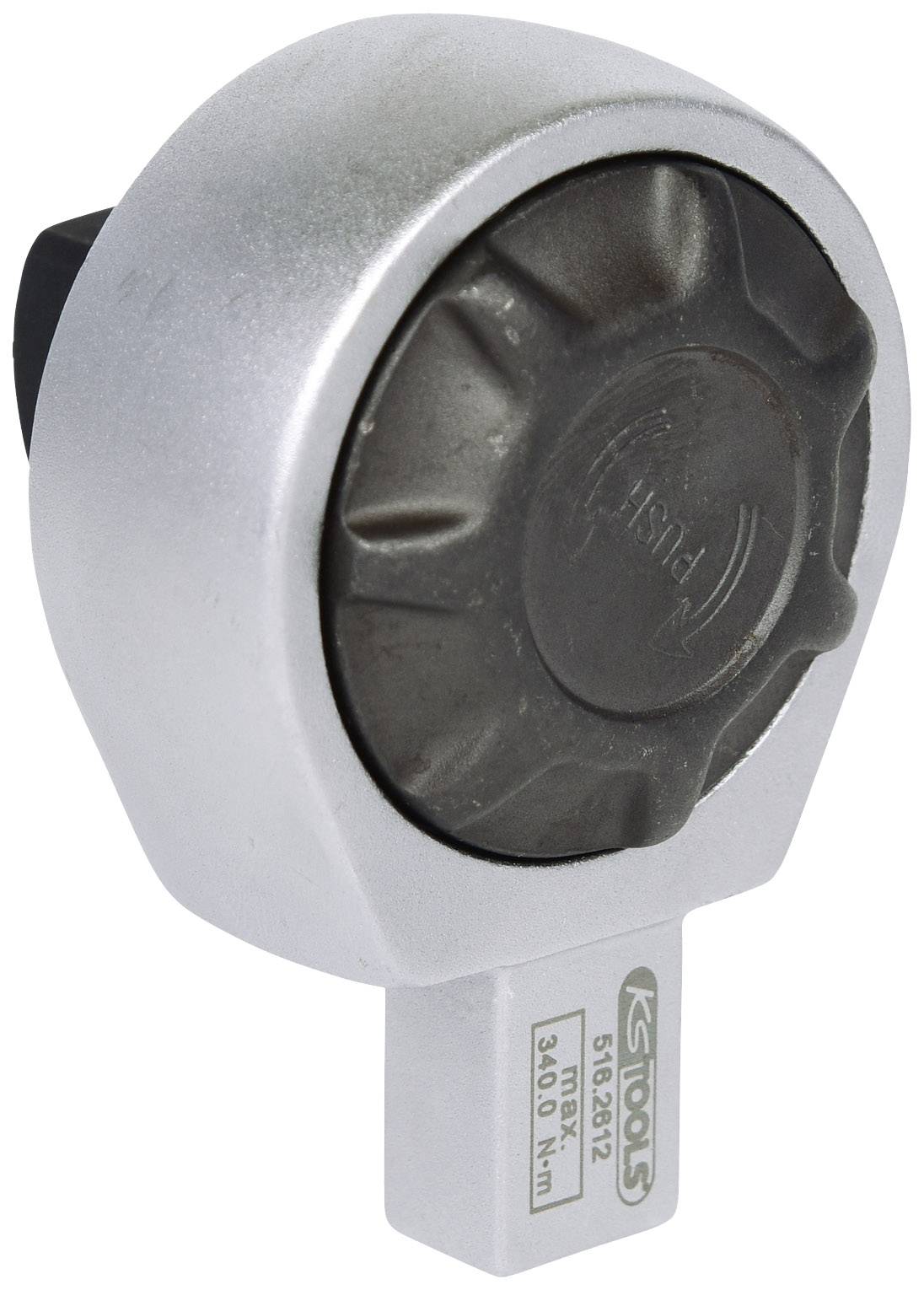 Silberner Drehmomentschlüsselkopf mit schwarzem Griff, Produktetikett 'KS Tools', Skala von 40 bis 210 Nm.