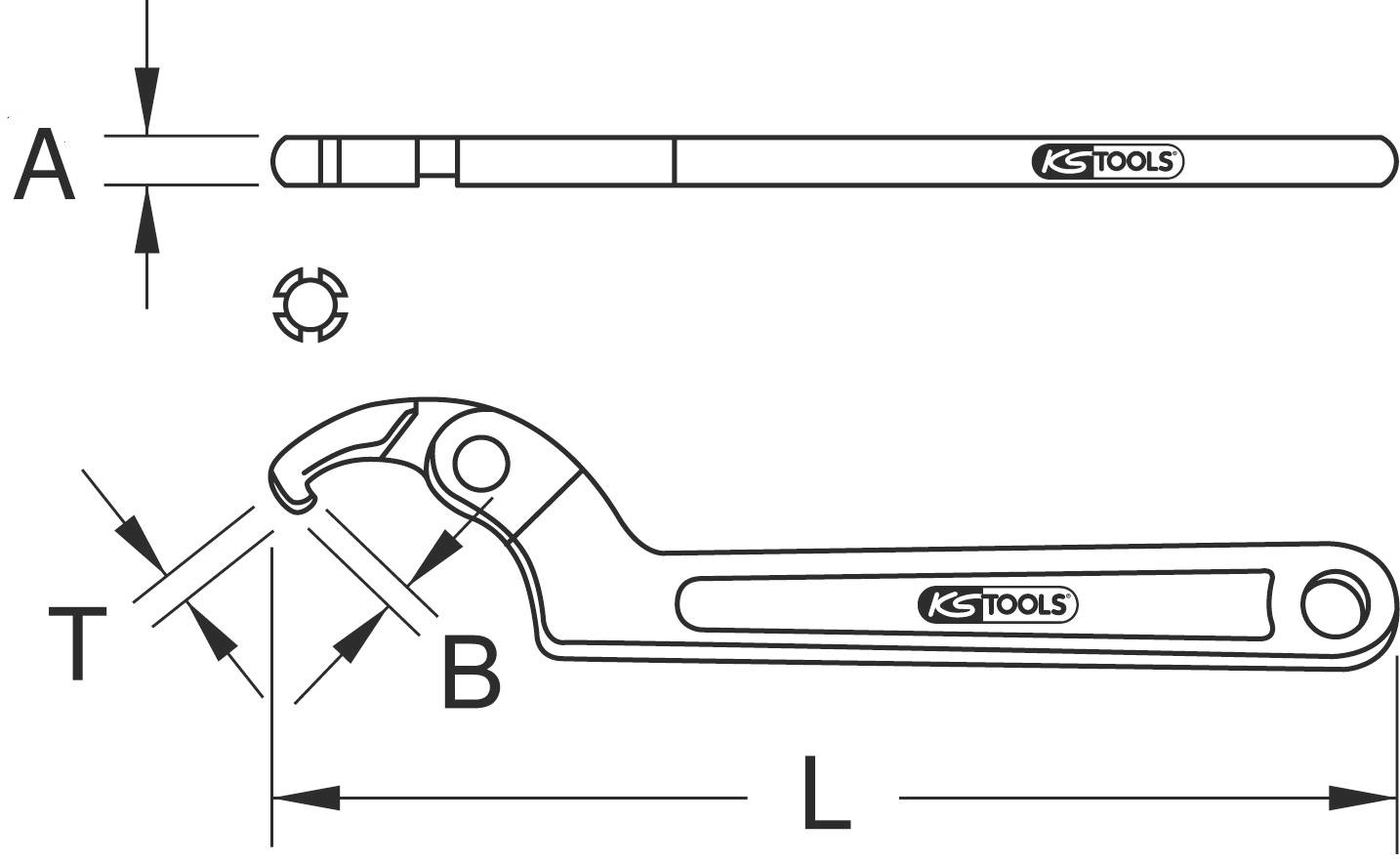 Schemazeichnung eines Hakenschlüssels. Oben: Seitenansicht mit Logo 'KS Tools'. Unten: Draufsicht. Wichtige Maße: A, B, L und T.
